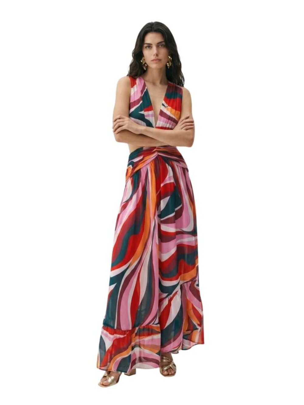 PatBO Delos Plunge Maxi Dress in 6 Red Swirl Womens Long Cutout Gown